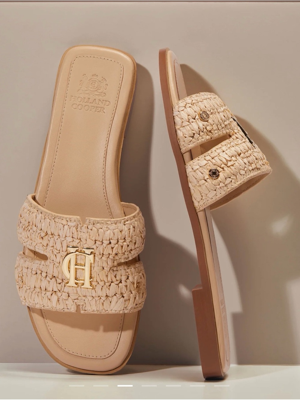 Holland Cooper Beige Raffia Slide Sandals - Picture 1 of 8